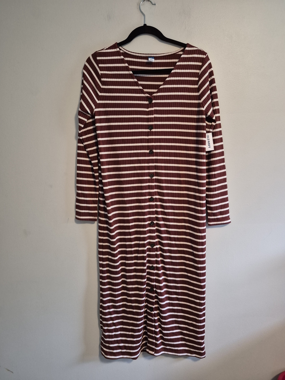NEW Old Navy Small Burgundy Striped Long Sleeve Button Up Midi Modest Dress